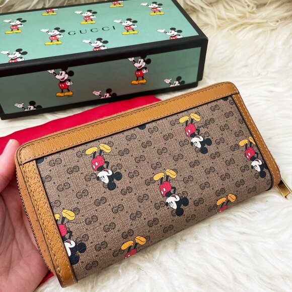 Gucci GG Disney X Mickey Mouse Zip Around Tan Gold Brown Purse Wallet Italy NEW - Picture 5 of 13